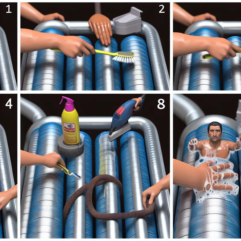 Step-by-step guide to cleaning VAV heating coil: brushing, vacuuming, applying cleaner, rinsing.