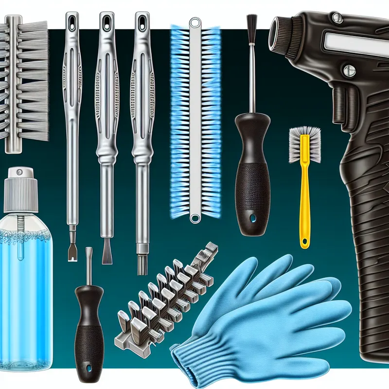 Illustration of tools for cleaning VAV heating coil: screwdriver, brush, cleaner, safety gear.