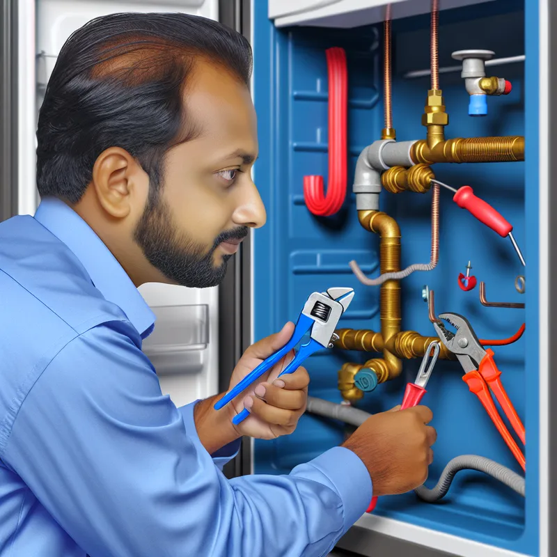 Inspecting water line of a Miele fridge for leak repair.