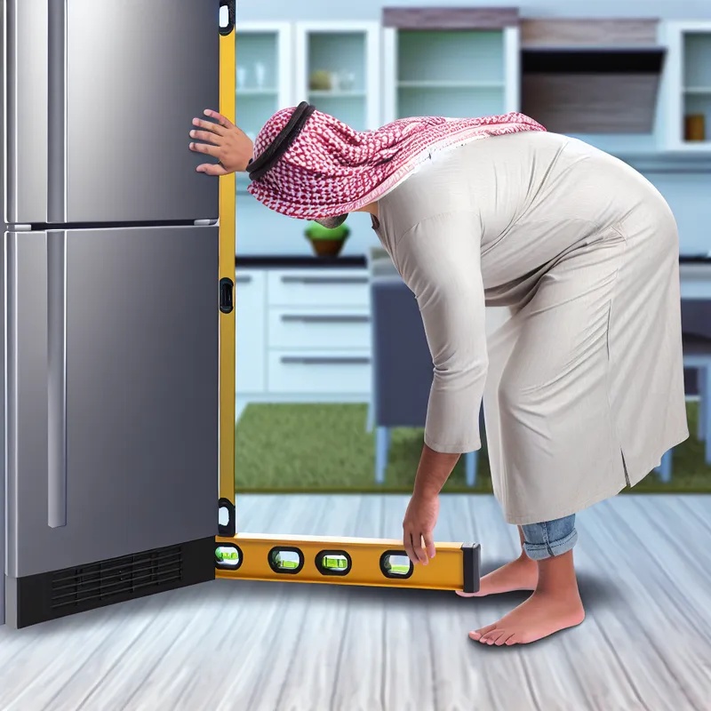 Adjusting a Miele fridge to proper level to prevent leaks.