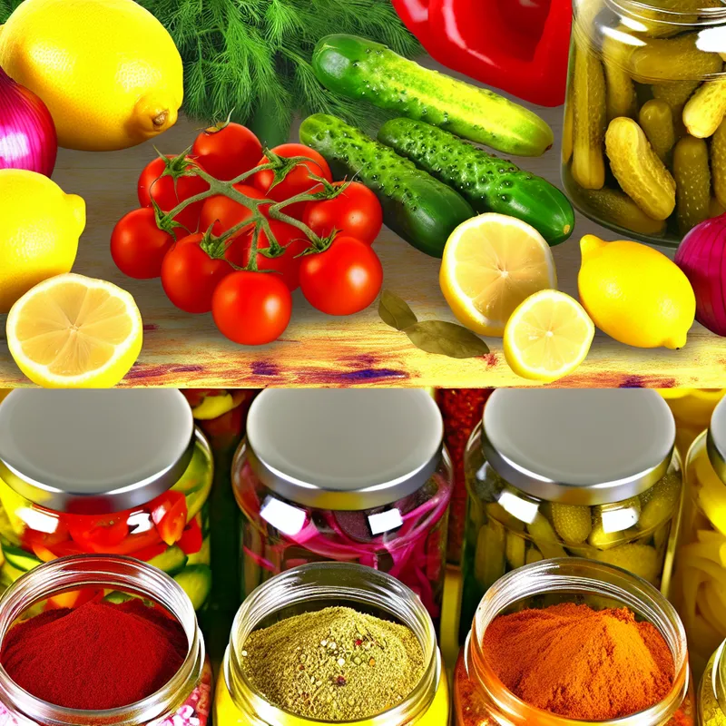 Kitchen counter displaying items like spices and pickled vegetables to improve boring meals creatively.