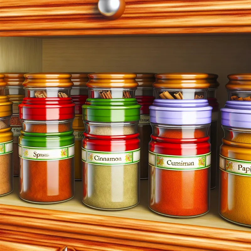 A vibrant spice cabinet showcasing jars containing different spices to enhance meal flavors.