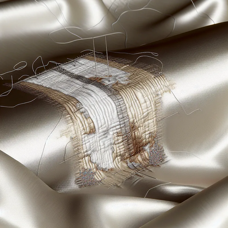 Close-up of a silk blanket repair process with tools and stitching in action.