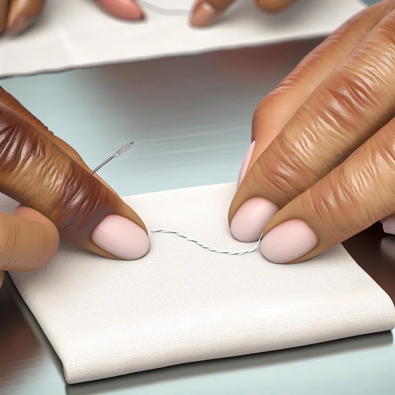 Demonstration of ladder stitch for silk blanket repair on a flat surface.