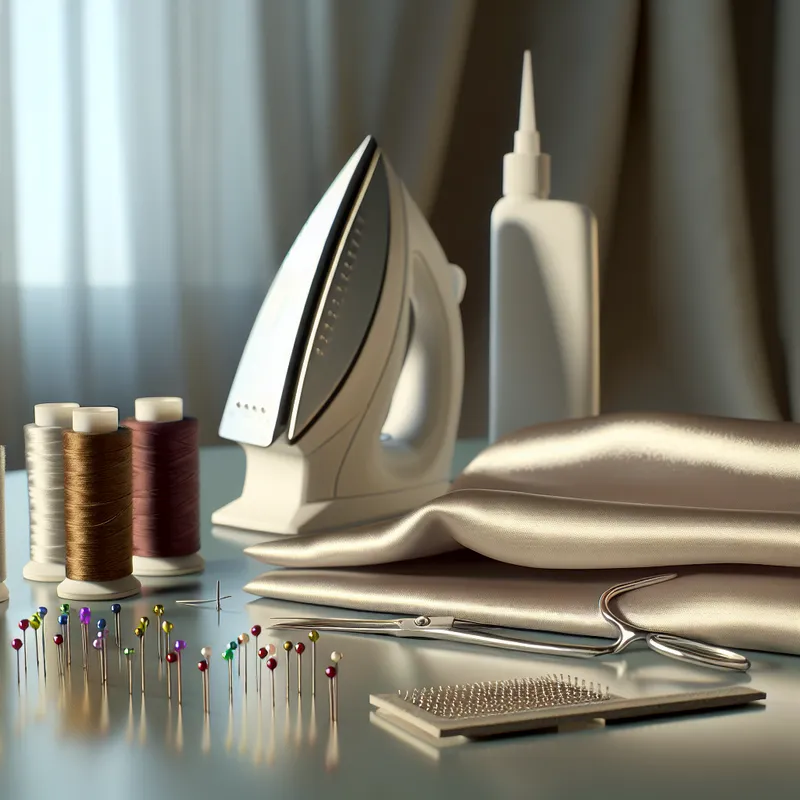 Tools for repairing a silk blanket including thread, needle, glue, pins, and iron.