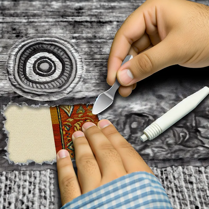 Applying a silk patch to fix a blanket tear using glue and precise techniques.