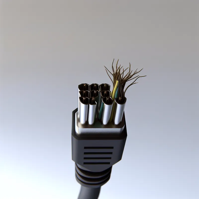 Damaged 9-pin cable with frayed wires and bent pins, showing repair necessity for tech components.