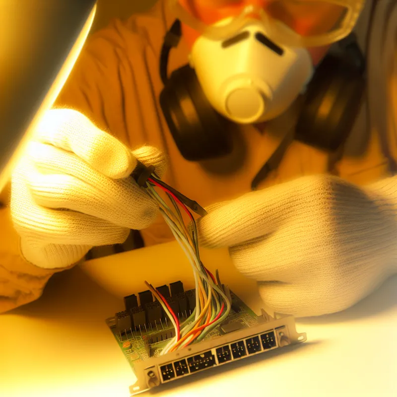 Up-close view of soldering wires during 9-pin cable repair, emphasizing precision and safety.