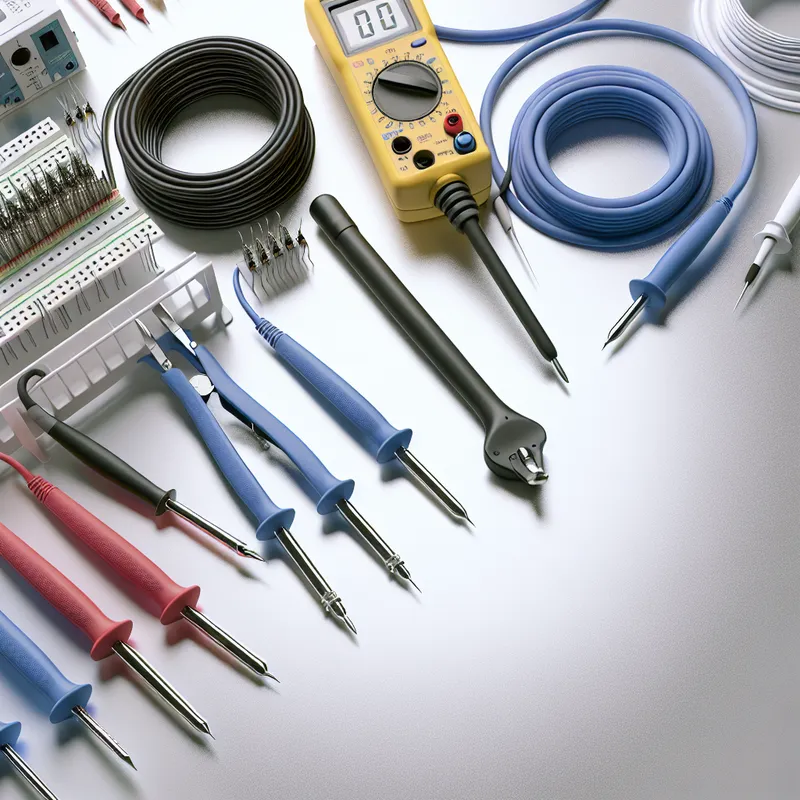 Essential tools displayed for repairing 9-pin cables: soldering iron, wire stripper, and multimeter.