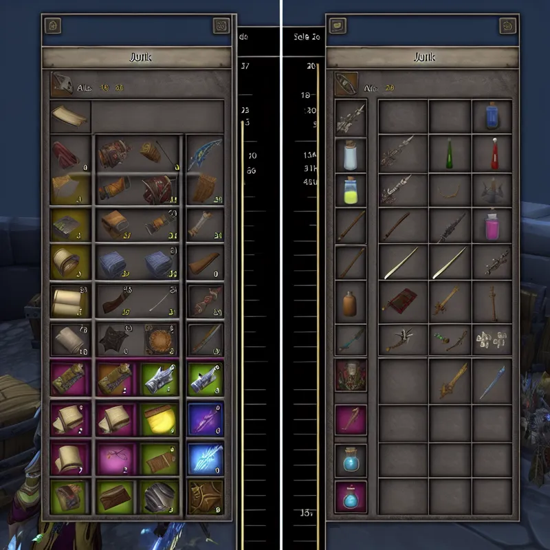 World of Warcraft inventory cleared using auto-sell addons for junk items.