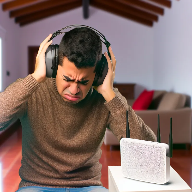 Person experiencing noise cancelling cackling sound interference by Wi-Fi router